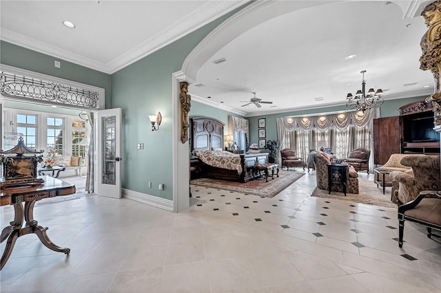 tiled bedroom with a chandelier and ornamental molding