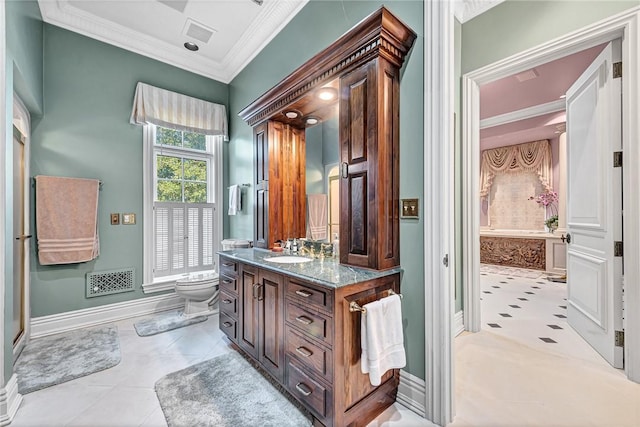 bathroom with ornamental molding, vanity, a bath, tile patterned flooring, and toilet