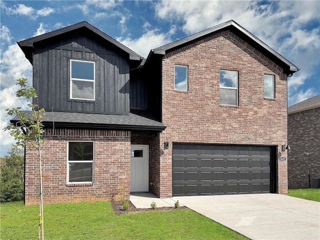 5341 Selah St, Springdale, AR 72764 - traditional-style home with a garage, brick siding, board and batten siding, driveway, and a front lawn