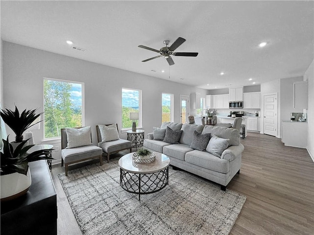 5341 Selah St, Springdale, AR 72764 - living room with a ceiling fan, wood finished floors, and recessed lighting