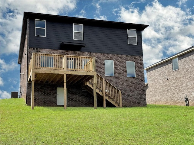 5341 Selah St, Springdale, AR 72764 - rear view of house featuring a yard, stairs, brick siding, and a wooden deck