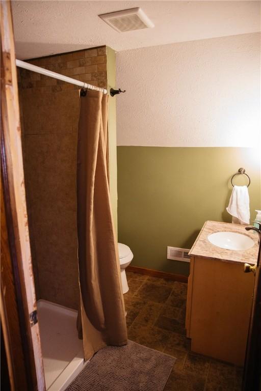 bathroom featuring a shower with curtain, vanity, and toilet