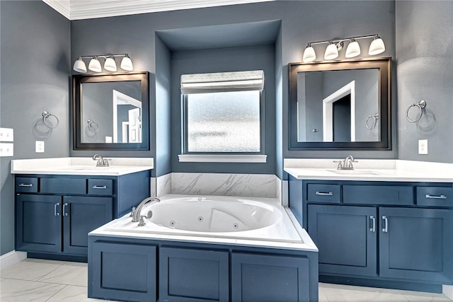 bathroom featuring vanity, a bathtub, and crown molding