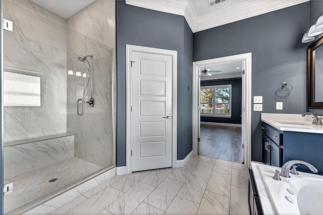 bathroom featuring ceiling fan, separate shower and tub, wood-type flooring, vanity, and ornamental molding