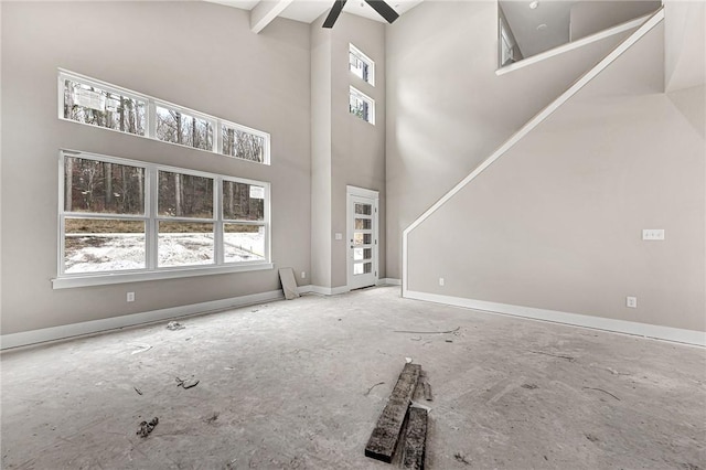 unfurnished living room with a healthy amount of sunlight and a towering ceiling