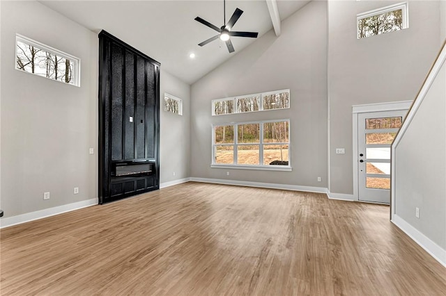 117 Kinross Dr, Bella Vista, AR 72715 - unfurnished living room featuring high vaulted ceiling, light wood finished floors, ceiling fan, beamed ceiling, and stairs