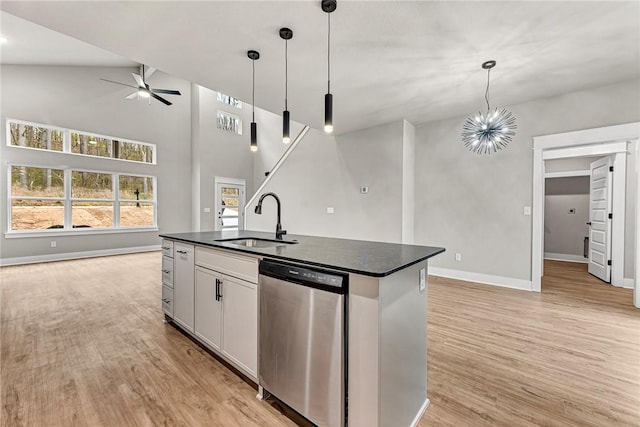 117 Kinross Dr, Bella Vista, AR 72715 - kitchen with dishwasher, open floor plan, dark countertops, ceiling fan, and light wood-style flooring