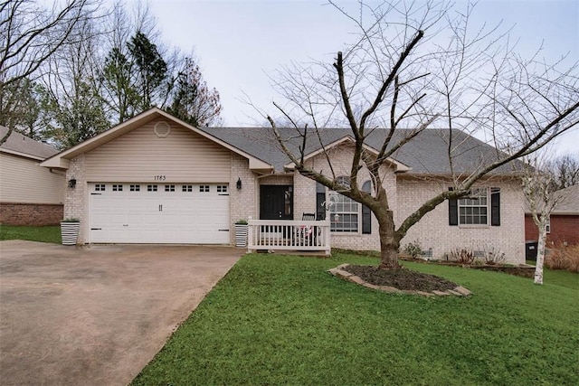 ranch-style home with an attached garage, brick siding, concrete driveway, crawl space, and a front yard