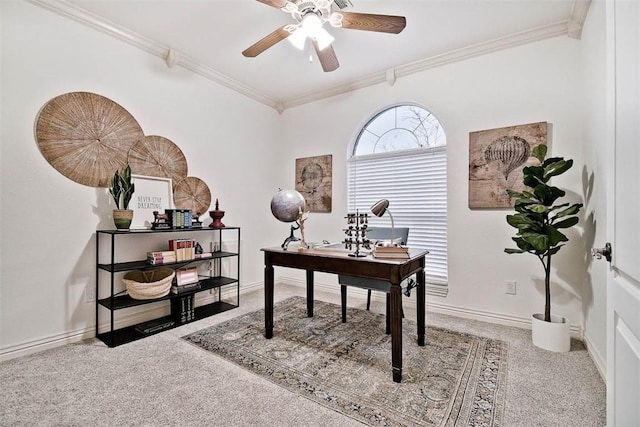 carpeted office space featuring a ceiling fan, baseboards, and crown molding