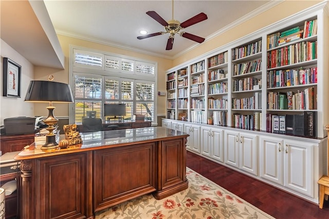 home office featuring hardwood / wood-style flooring, ceiling fan, and ornamental molding