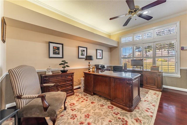 office with light hardwood / wood-style flooring, ceiling fan, and crown molding