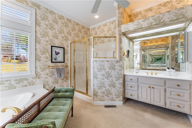 bathroom with vanity, separate shower and tub, ceiling fan, and crown molding