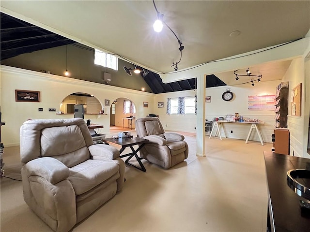 interior space featuring high vaulted ceiling and track lighting