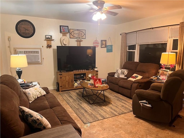 living room featuring a wall mounted air conditioner and ceiling fan