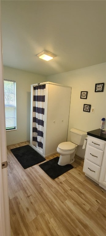 bathroom featuring hardwood / wood-style flooring, vanity, curtained shower, and toilet