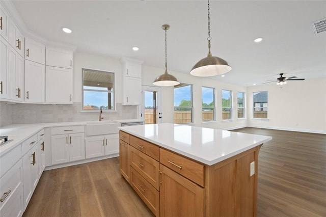 445 Fox Trl, Elm Springs, AR 72762 - kitchen with backsplash, dark wood finished floors, a sink, light countertops, and recessed lighting