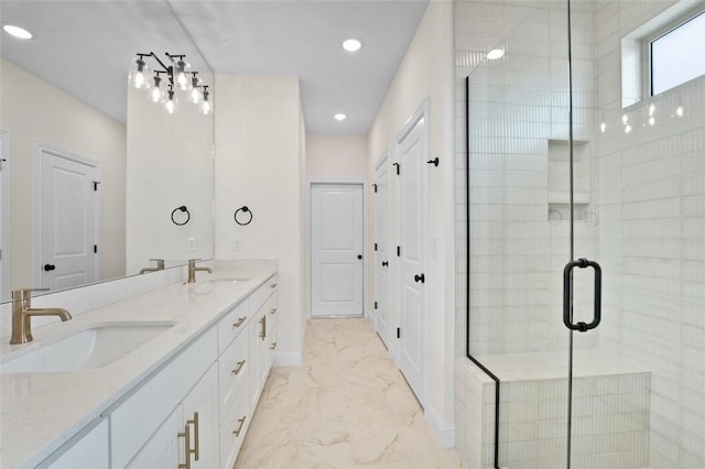 445 Fox Trl, Elm Springs, AR 72762 - full bath with recessed lighting, a sink, marble finish floor, and a stall shower