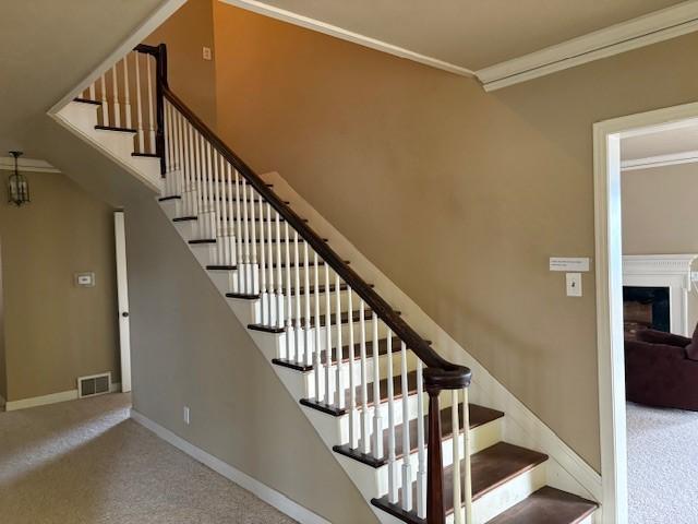 stairway featuring carpet floors and ornamental molding