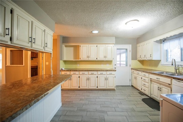 kitchen with white dishwasher, sink, tasteful backsplash, and a healthy amount of sunlight