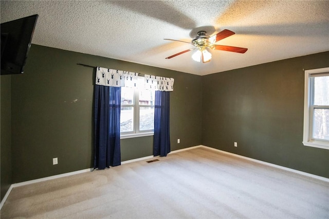 empty room featuring plenty of natural light, light carpet, a textured ceiling, and ceiling fan