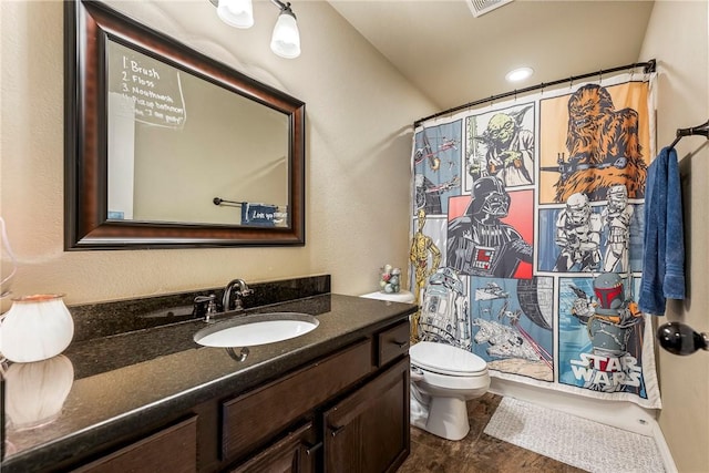 bathroom featuring wood-type flooring, vanity, toilet, and a shower with curtain