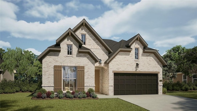 view of front of property featuring a garage and a front lawn