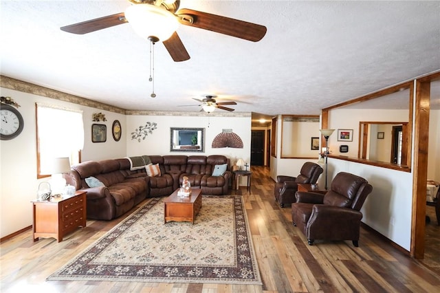 living room with hardwood / wood-style flooring and a textured ceiling