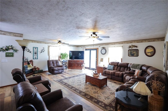 living room with a textured ceiling, light hardwood / wood-style flooring, and a wealth of natural light