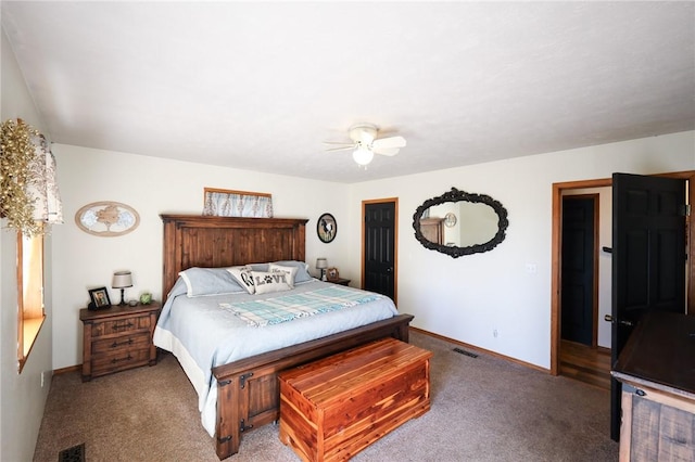 bedroom with ceiling fan and carpet