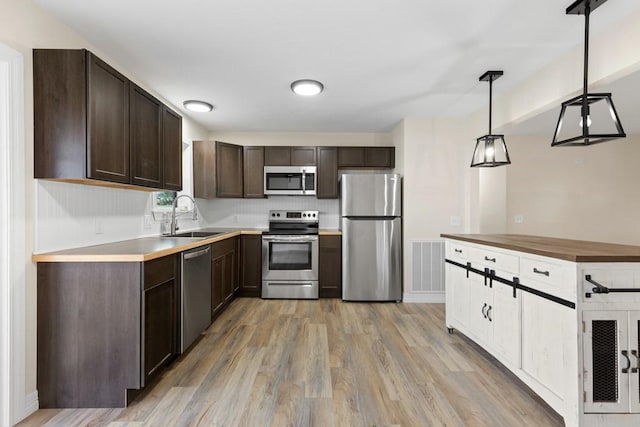 kitchen featuring pendant lighting, sink, light wood-type flooring, appliances with stainless steel finishes, and dark brown cabinetry