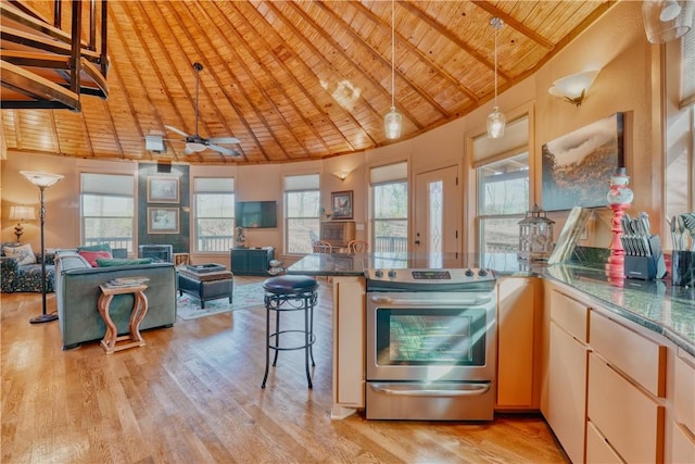 kitchen featuring lofted ceiling with beams, electric range, ceiling fan, a healthy amount of sunlight, and wood ceiling