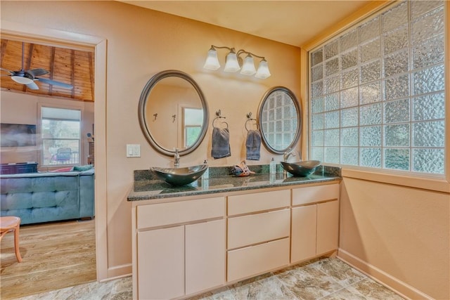 bathroom featuring vanity and ceiling fan