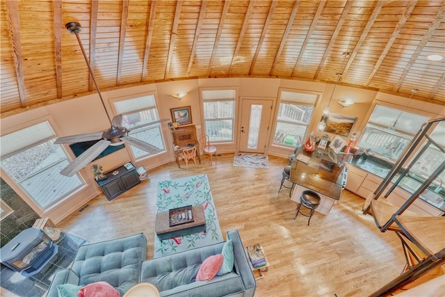 living room with ceiling fan, high vaulted ceiling, wooden ceiling, beamed ceiling, and hardwood / wood-style floors