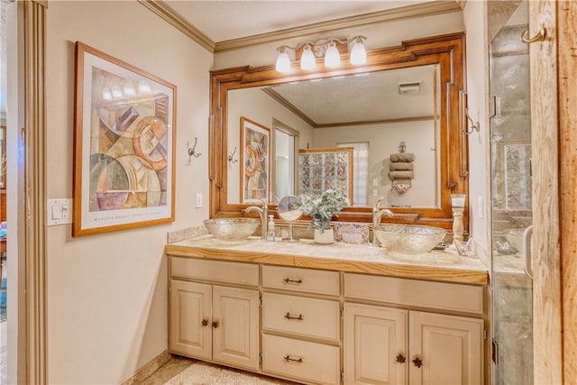 bathroom featuring vanity and ornamental molding