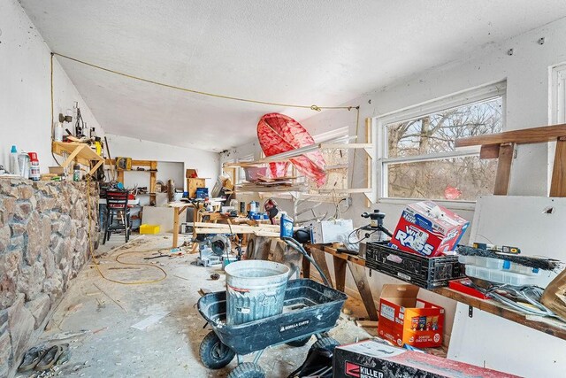 misc room with a workshop area and lofted ceiling