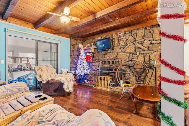 living room featuring beam ceiling, ceiling fan, wood ceiling, and wood-type flooring