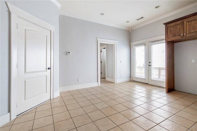 3706 Cherokee Rd, Rogers, AR 72758 - spare room featuring baseboards, visible vents, crown molding, french doors, and light tile patterned flooring