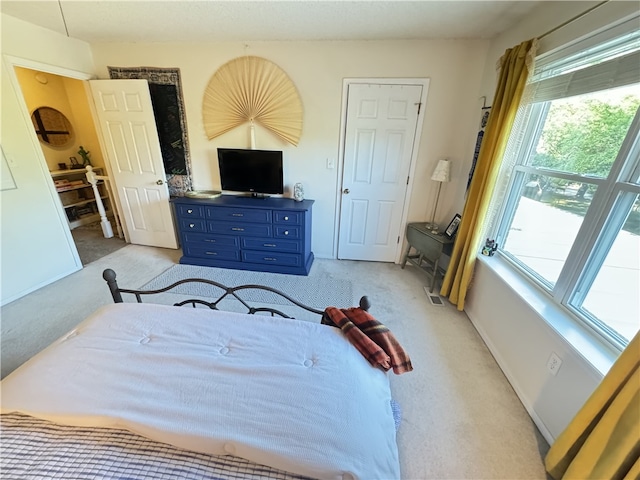 bedroom featuring light carpet