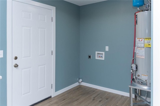 laundry area featuring wood-type flooring, hookup for an electric dryer, hookup for a washing machine, and gas water heater