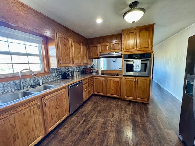 kitchen featuring tasteful backsplash, sink, dark hardwood / wood-style floors, and appliances with stainless steel finishes