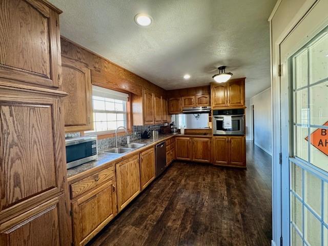 kitchen with dark hardwood / wood-style flooring, sink, stainless steel appliances, and exhaust hood