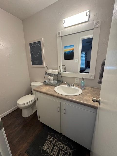 bathroom with wood-type flooring, vanity, and toilet