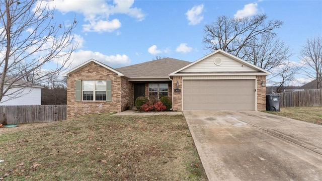 ranch-style house with a garage and a front lawn