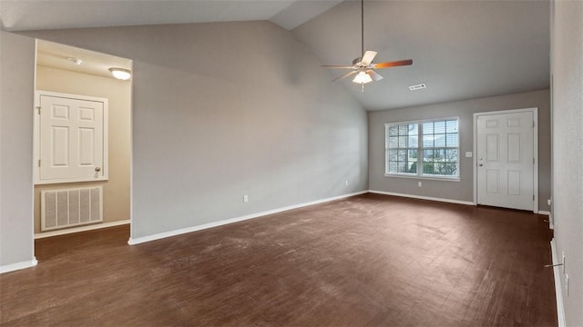 unfurnished room with ceiling fan, dark hardwood / wood-style flooring, and lofted ceiling