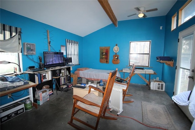 bedroom with vaulted ceiling with beams and ceiling fan