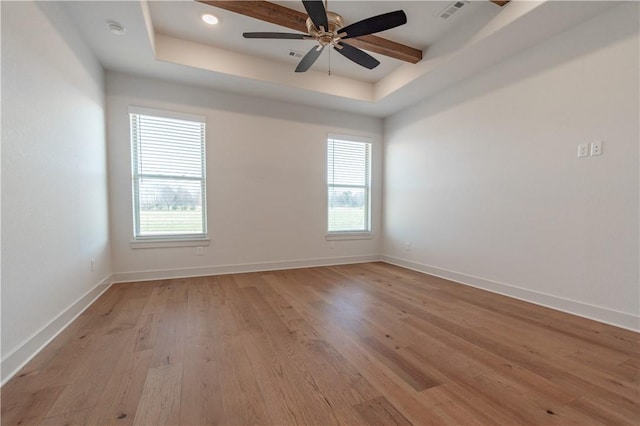 empty room with a raised ceiling, light hardwood / wood-style flooring, and a healthy amount of sunlight