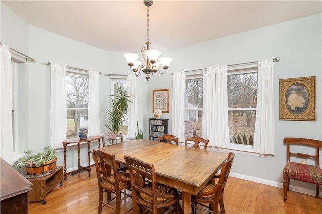 dining space featuring plenty of natural light, a chandelier, and light hardwood / wood-style flooring