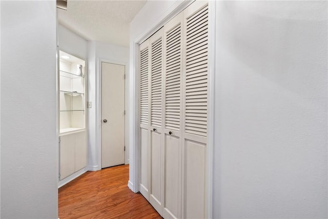 hallway featuring a textured ceiling and light hardwood / wood-style flooring