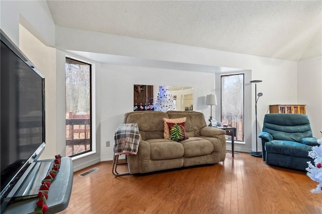 living room featuring hardwood / wood-style floors and a textured ceiling