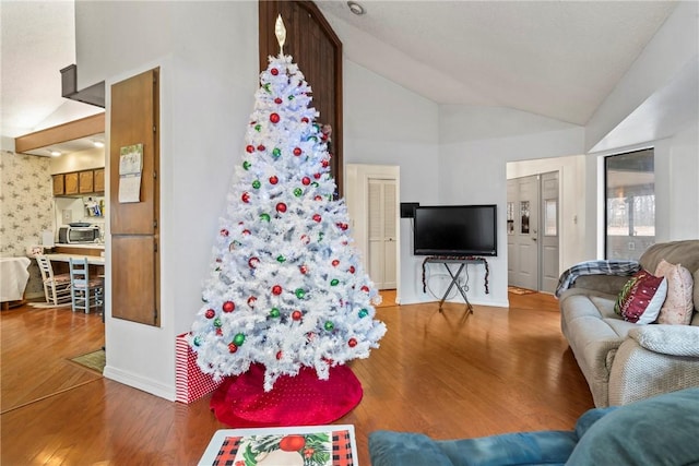 living room with hardwood / wood-style floors and high vaulted ceiling